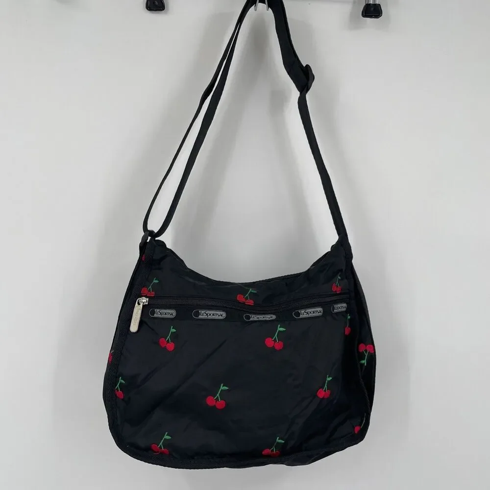 LeSportsac HTF Red Cherries Embroidered Shoulder Bag Purse Clean Black - Picture 5 of 10